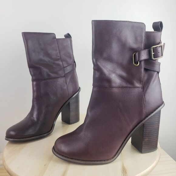 Kelsi Dagger Odem Boots Size 10 Burgundy Leather Mid Calf Block Chunky Heel - Picture 2 of 15